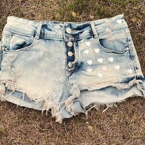Size 7 Light wash Custom Distressed Heart Denim Shorts